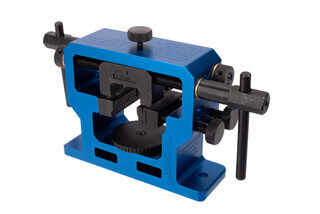 NcSTAR's VISM front and rear sight pusher tool for universal pistols features a heavy-duty blue anodized aluminum frame